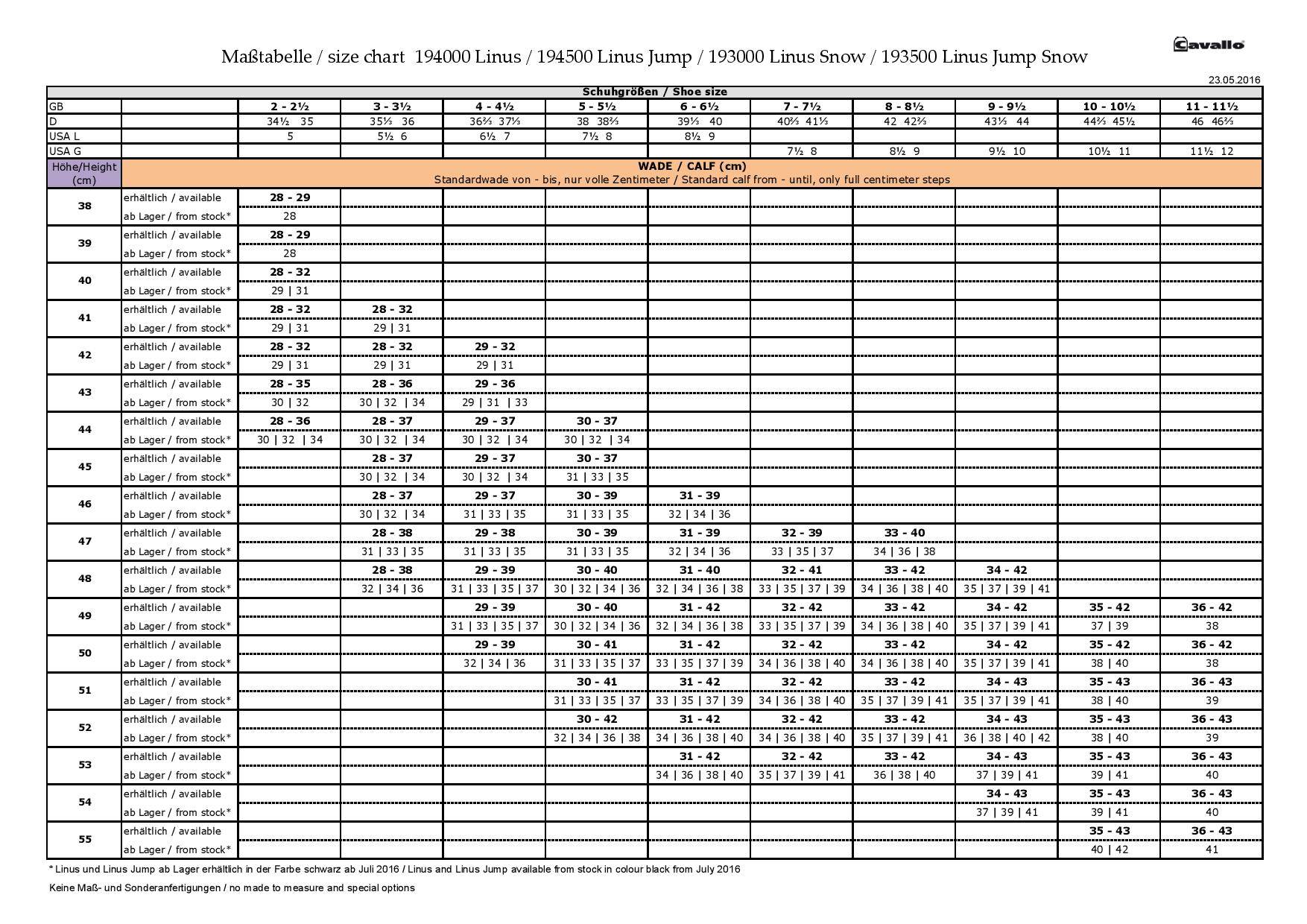 CAVALLO LINUS SIZE CHART